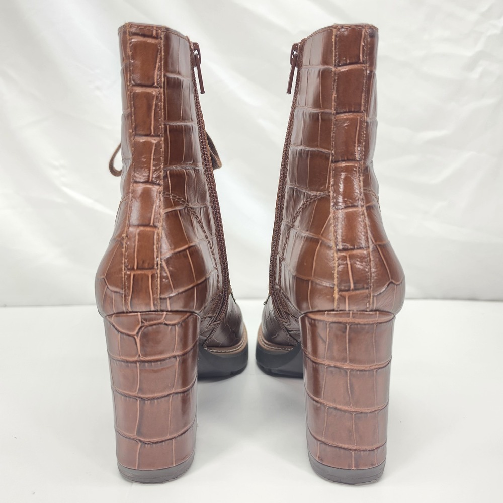 Naturalizer Womens 7.5 Brown Croc Embossed Leather Lace Up Ankle Boots Block Hee - Picture 3 of 16